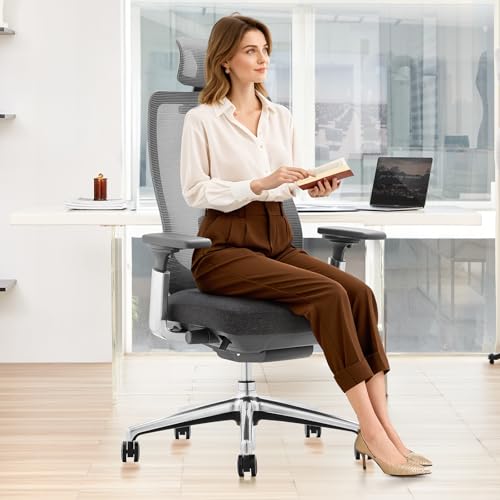 COLAMY XK Atlas Chaise de Bureau Ergonomique, Fauteuil de Direction en Mesh avec Appui-Tête Réglable, Chaise de Bureau avec Accoudoirs 4D, Base en Aluminium/Siège Coulissant, Gris Foncé – vue 2