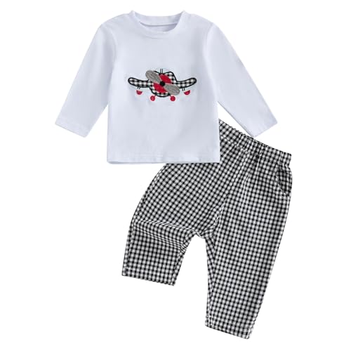 Infant Toddler Baby Boy Outfits Fall Winter Airplane Embroidery Long Sleeve Shirts Top Plaid Pants 2PCS Clothes Set