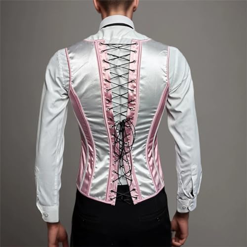 Men Pink Corset Vest Lace Up Vintage Waistcoat For Wedding Girdle Tops V Neck4