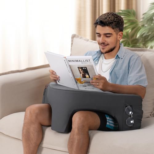 Rengue Reading Pillow for Lap and Bed, Ergonomic Gaming Pillow with Memory Foam, Lap Desk with Side Pockets for Books, Tablets, and Laptops, Perfect for Reading, Gaming, and Working Grey