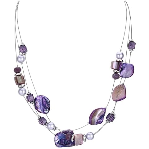 Layered Shell Bead Necklace for Women Silver Statement Choker Crystal Necklaces Chunky Costume Jewellery Gifts for Her(06-Purple) Cover