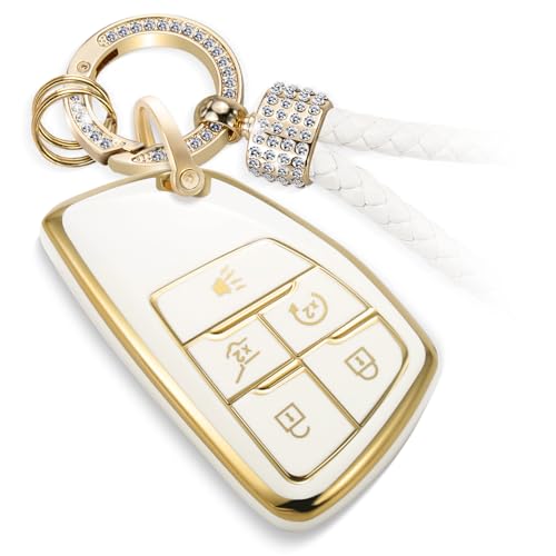 Image of Key Fob Cover for Buick, Rhinestone Loop Keychain Case, Gold Edge | Wear-resistant TPU shell, rhinestone-accent PU loop, daily splash, scratch and drop protection, normal signal use, easy setup