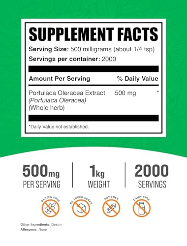 Image of BulkSupplements.com Purslane Extract Powder - Portulaca Oleracea Extract, Purslane Supplements - from Purslane Herb, Gluten Free, 500mg per Serving, 1kg (2.2 lbs) (Pack of 1)