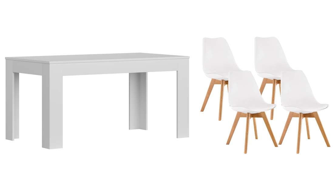 IBERA HOME Pack Mesa de Comedor/Cocina 138x80 cm + 4 Sillas Estilo Nórdico - Conjunto Elegante y Moderno para Hogar (Mesa Blanca - Sillas Blancas)