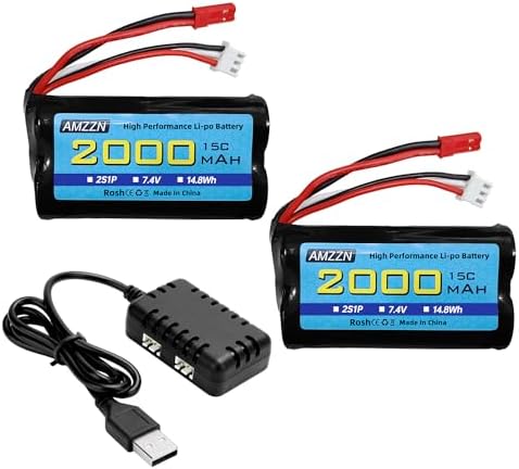 AMZZN 2 Stück 7,4V 2000mAh 15C Lipo Akku JST-2P Stecker mit Ladegerät 2-in-1 für UDIRC UD1601 UD1602 UD1604 SG1603 RC Fahrzeuge, RC-Schiff, RC-Drohne, Ersatzbatterie für Huina Fahrzeug