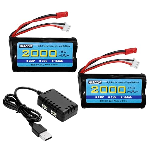 AMZZN 7.4V 2000mAh 15C 2S JST-2P Plug Lipo Battery with 2-in-1 Charger for UDIRC UD1601 UD1602 UD1604 SG1603 RC Cars,RC Drone Huina Engineering Vehicle Backup Battery