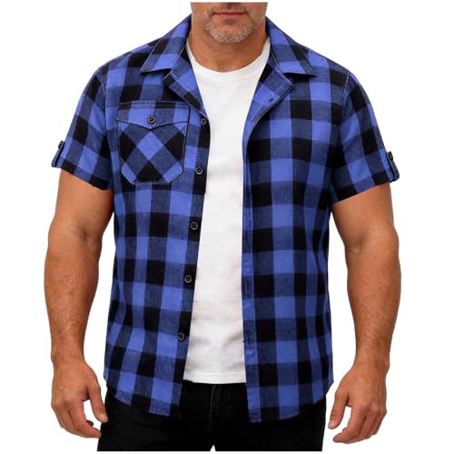 Hemd Herren Kurzarm Hemden Kariertes Trachtenhemd Leichtes Sommerhemd Bügelfrei Freizeithemd Weich Herrenhemd Regular Fit Herrenhemden Sommer Kurzarmhemd Strandhemd Blau XXL
