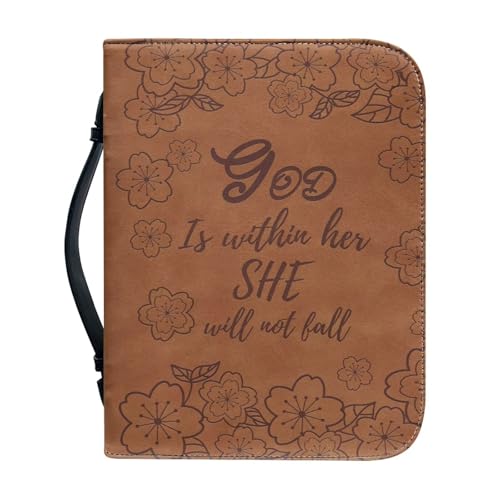 Talayituse Brown Cross Cherry Blossom Print Faux Leather Bible Cover for Men Women God is Within Her Christian Bible Case with Handle Carrying Book Case Protector Bible Tote Handbag Gifts, M