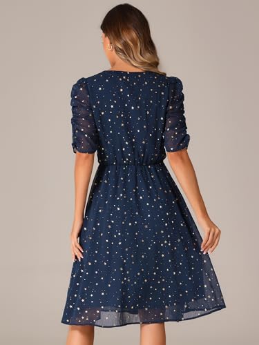 Image of Allegra K Chiffon Dress for Women's Metallic Stars Ruched Sleeve V Neck A-line Dress