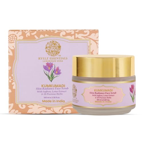 Image of RYLLZ ESSENTIALS Kumkumadi Face Scrub | Skin Radiance with Saffron, Niacinamide, Vitamin E, White Jojoba Beads, Walnut Shell, Lotus Extracts & 28 Precious Herbs | for Dead Cells, Whiteheads, Blackheads, Dark Spots, Uneven & Dull Skin | Exfoliating Scrub | For All Skin Types | 100 ml