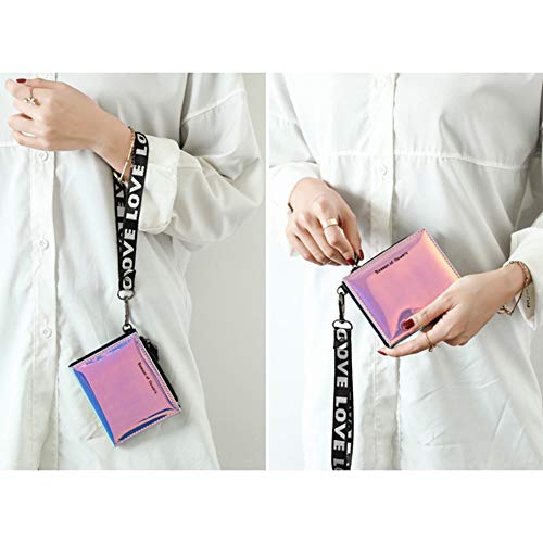 Mingseecess Women Bifold Leather Small Wallet Shiny Holographic Zipper Card Holder Coin Change Wallet Clutch Purse With 2 Straps #TOP6