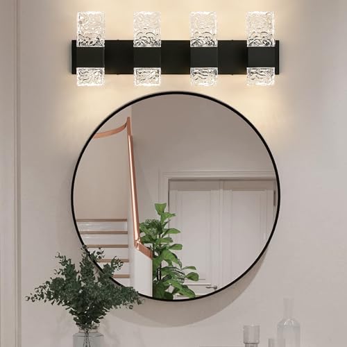 Image of Epinl Black Bathroom Vanity Light Fixtures Bathroom Light Fixtures Over Mirror 4-Light 4000K LED Crystal Wall Sconces Modern 40W Brushed Hardwired Wall Lights for Bathroom Bedroom Living Room
