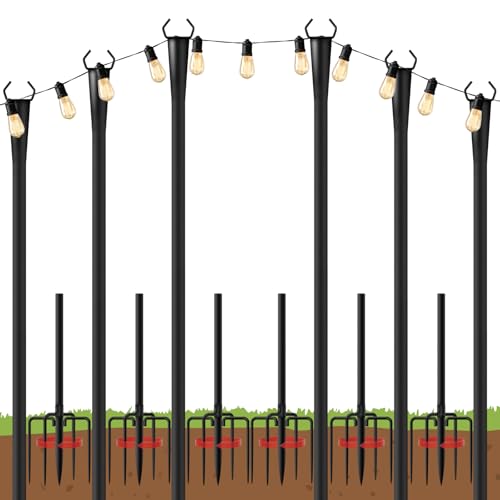10Ft String Light Poles 6 Pack for Outside, Metal Outdoor Light Poles with 5 Prongs for Garden Patio Backyard Deck, Fence Bracket Hanging Light for Party Wedding Decor