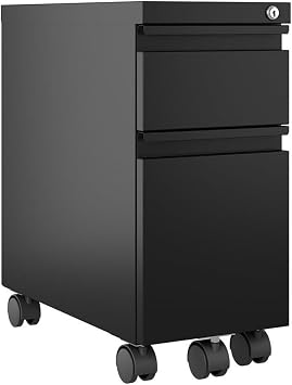 Pemberly Row Mobile Zip Pedestal 2-Drawer Filing Cabinet, 21.75" H x 10" W x 19.88" D, Durable Steel in Black, Box/File Drawer Configuration with Casters, Office Storage for Letter or Legal Files