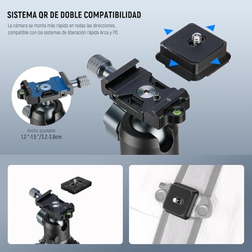 NEEWER 60,4" Trípode Viaje Fibra Carbono con 360° Rótula Desmontable, Soporte Ligero Cámara Video con Flip Buckle Liberación Rápida, Placa QR Tipo Arca Compatible con Peak Design Capture V3, LT36 - imagen 5