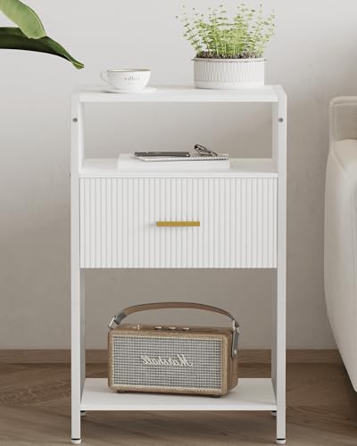 JERX Moderner Nachttisch, Beistelltisch mit Schublade, Geriffelter Nachttisch mit 3 Ablagefächern für Schlafzimmer, Wohnzimmer (Weiß Weiß)