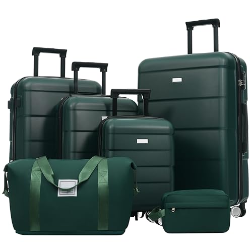 Image of 6 Pcs ABS Hardshell Luggage Sets Spinner Wheel Suitcase Lock Suitcases Dark Green