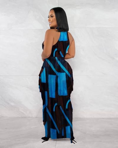 Image of 2 Piece Outfits for Women Sexy Halter Neck Sleeveless Crop Tops Ruched Bodycon Dresses Jumpsuits Fringe Skirt Sets