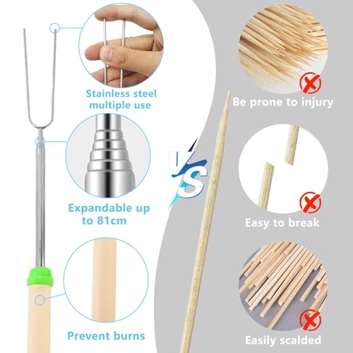 Liekadijiae 8 Stück Edelstahl Retractable Grillgabel Mit Holzgriff,Stockbrot Spieße,Grillspieße Lagerfeuer,Lagerfeuer Spieße Lang,Marshmallow Spieße,Für Camping, Gartenparty, Grillparty