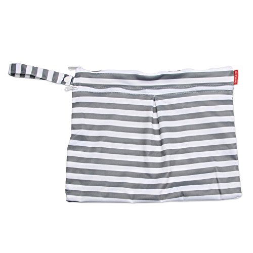 Damero 3pcs Travel Wet and Dry Bag with Handle for Cloth Diaper, Pumping Parts, Clothes, Swimsuit and More, Easy to Grab and Go, Gray Strips - Thumbnail 3