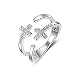 Mujer Niñas Anillos fantasía de plata 925 doble línea cruz con circonita AAA hipoalergénica ajustable anillo de dedo índice Navidad regalo de cumpleaños, Plata, Zirconia cúbica