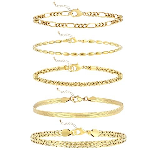 wgoud Gold Bracelets for Women Trendy, 14K Real Gold Plated Link Chain Bracelets for Women Waterproof, Adjustable Gold Stack Bracelet Set Jewelry Gifts for Women.2