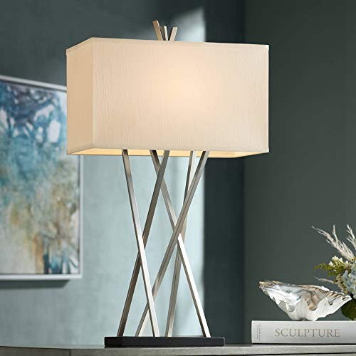 Lámpara de Mesa Moderna 30" Metal Níquel Cepillado con Pantalla Blanca miniatura 2