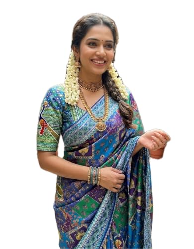 Image of Vinayak Textile Women's Blue Green Pink Multicolored Ajrak Digital Prined Real Mirror And Latkan Worked Saree With Blouse