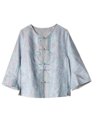 Chemisier en soie bleue HangErFeng avec boutons col rond mode 275
