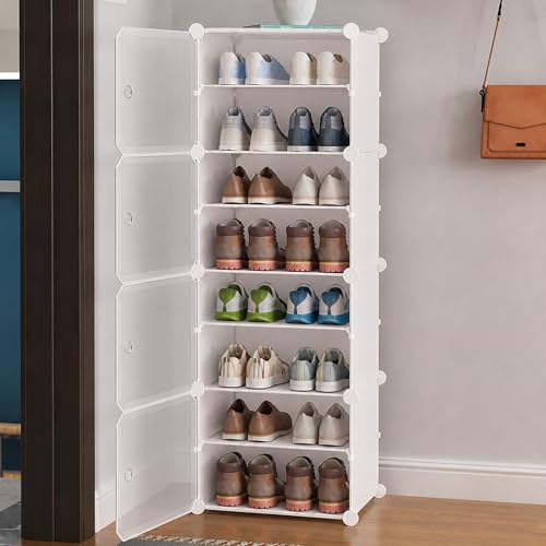 Image of AYSIS ๐ ๐๐ข๐๐ซ Shoe Rack for Home with Transparent Doors, Modular Dustproof Shoe Storage Cabinet, Foldable Plastic Space Saving Shoe Stand Organizer for Entryway, Bedroom & Living Room - White