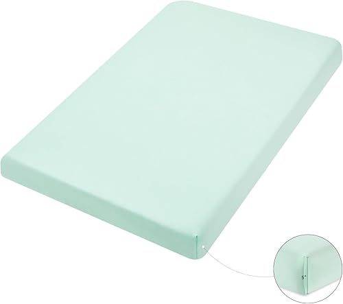 Miniatura 10 de TILLYOU Paquete de 2 mini sábanas para cuna  Sábana bajera ajustable para cuna de punto elástico mini cuna portátil patio de juegos parque infantil