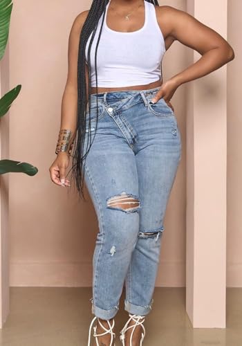 Vaceky Women Cuffed Ripped Jeans Y2K Distressed Ripped Skinny Stretchy Denim Pant3