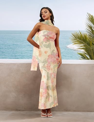 Image of calbatic Women Floral Tube Maxi Dress Strapless Ruffle Hem Long Bodycon Vacation Summer Halter Dress with Scarf Medium Yellow