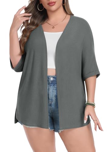 Image of Lastshe Womens Plus Size Cardigan Short Sleeve Lightweight Loose Cover Ups Open Front Sweaters Summer Cardigan