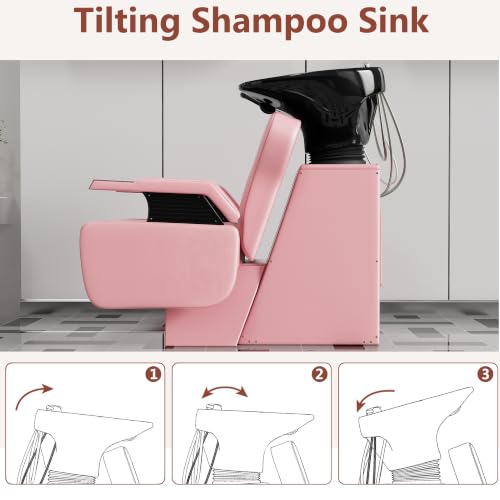 Image of Shampoo Bowl and Chair Set for Salon,Backwash Chair with Adjustable Tilting Porcelain Sink, Salon Hair Washing Station with Ceramic Shampoo Bowl Neck Rest