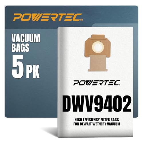 Image of POWERTEC DWV9402 Fleece Bags for Dewalt 5PK, for Dewalt DWV010, DWV012, DWV015 8 & 10 Gallon Dust Extractor, Replacement Shop Vacuum Bags (75029)