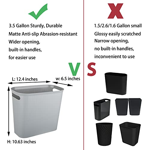 Image of rejomiik Small Trash Can, 3.5 Gallon Garbage Can, Slim Waste Basket, Plastic Trash Bin Container with Handles for Bathroom, Bedroom, Home, Office, Dorm Room, Kitchen, Rectangular, Gray, 1 - Pack