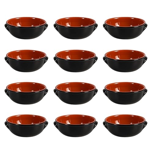 Set 12 Tegamini Terracotta Bicolore 13cm - Ciotole Ceramica con Manici Nero Marrone - Altezza 4.5cm Tapas Antipasti Contorni Primi - Artigianali - Ebook Omaggio