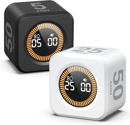 Image of KADAMS Pomodoro Cube Timer Productivity Visual Timer - 5 /10 /25 /50 Min Rotating Countdown (2 Pack Black & White)