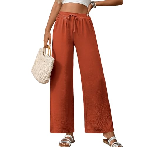 WOWULOVELY Womens Wide Leg Palazzo Pants Flowy Elastic Waist Tie Pant Casual Loose Solid Trousers2