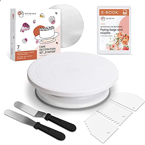 Cake Turntable for Decorating - Cake Decoration Kit with Rotating Cake Stand and Cake Icing Tools - Cake Smoother, Icing Spatulas, Cake Board, eBook. Wenburg Cake Spinner Turntable (Set Starter)