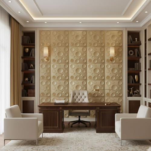 Image of Kayra Decor 3D PVC Wall Panels - Circle Embossed Design, Gold Color, 19.7 inch x 19.7 inch (Pack of 12) | Covers 32.28 Sq. Ft. |