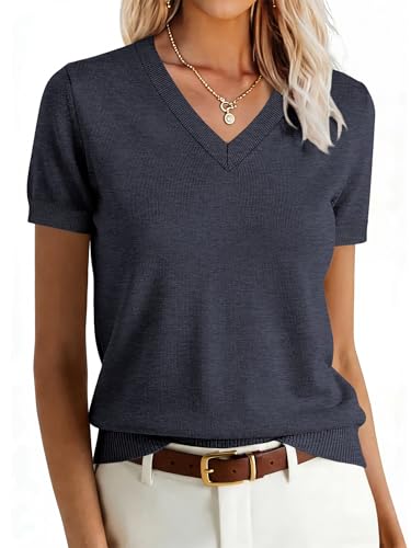 Image of ANRABESS Women Wool Blend Sweater Summer 2026 Short Sleeve V Neck Pullover Top Business Casual Outfit Beach Vacation Clothes