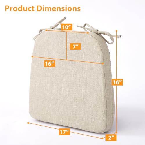 Chair Cushions for Dining Chairs, 2" Thick Seat Cushions for Kitchen Chairs, D-Shaped Chair Pads with Washable Cover, Ties and Non Slip Backing, 17'' x 16'', Set of 4, Beige