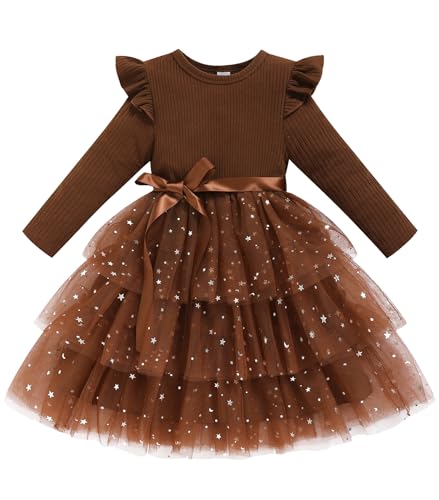 Sinhoon Toddler Dress Girls Ruffle Long Sleeve Layered Tulle Dress Fall Spring Fashion Party Dresses (Coffee, 2T)