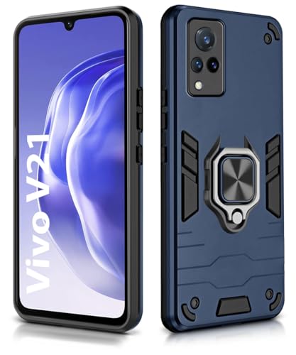 Image of WOW IMAGINE Shock Proof Back Case Mobile Cover for Vivo V21 (Tough Armor | Hybrid PC + TPU | Full Protection with Ring Holder & in-Built Kickstand | Blue)