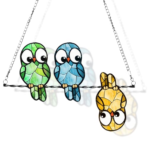Stained Glass Window Hanging Multicolor Owls Ornaments - Handmade Stained