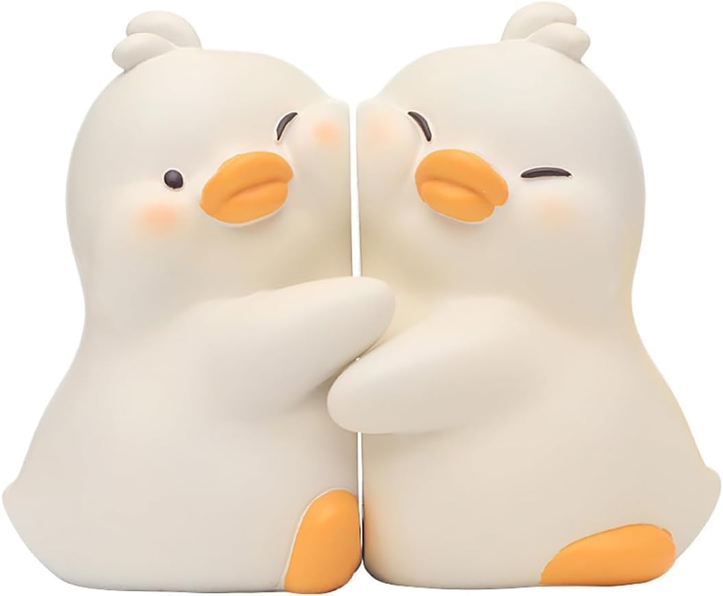Adorable Face-to-Face Hug Duck Bookends, Unique Book Ends to Hold Books Creative Resin Book Holder Stopper for Home Office Desk Bookshelf Decoration