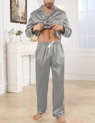 Image of Veseacky Mens Silk Satin Pajamas Set Short Sleeve Sleepwear Button-Down Pjs Sets Two-Pieces Loungewear with Pockets S-XXL