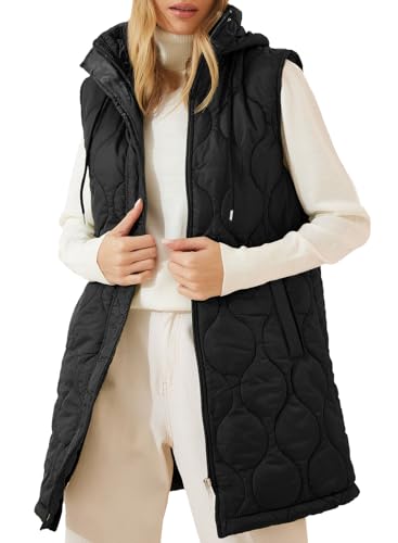 EVALESS Long Puffer Vest Women Sleeveless Hooded Puffer Jacket Casual Lightweight Quilted Jackets 2025 Fall Winter Warm Zip Up Coat Outerwear with Pockets Black Medium